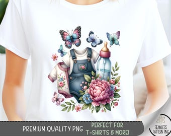 Floral Baby T-Shirt PNG, Baby Shower Tee, Graphic Tee Design, Butterflies Graphic Tshirt PNG, Sublimation Designs for Shirts Download A83