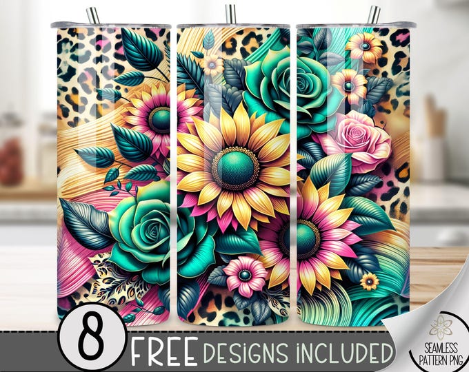 Leopard Rose Floral Tumbler Wrap, Vibrant Floral & Leopard 20oz Skinny Tumbler Wrap, Seamless Sunflowers Teal Bold Leopard Design Boho Chic