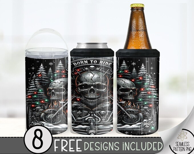 Ride or Die Skull Can Cooler Wrap, Xmas 16 oz 4-in-1 Cooler Sublimation, Biker Christmas Design, Motorcycle Can Cooler PNG Winter Trees Wrap