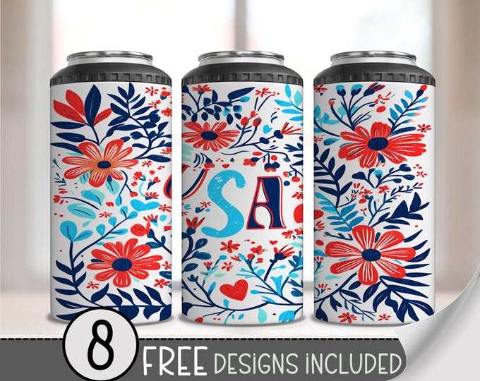 Stars Stripes & Sunshine 4-in-1 Can Cooler Wrap PNG, Red White Blue Floral Patriotic Design, Summer Sublimation for Can Holders A254