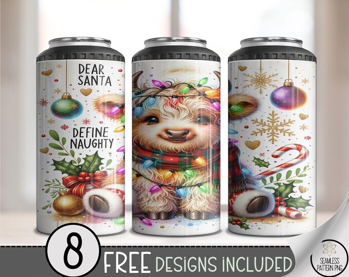 Funny Highland Cow 4in1 Can Cooler Wrap, Naughty Holiday Sublimation Design, Cute Printable Christmas Can Wrap File, A507