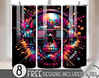 Neon Skeleton Tumbler Wrap, Skull Wearing Headphones 20Oz Skinny Tumbler Wrap, Digital Rhythm Rogue 20 OZ Tumbler Sublimation Design File