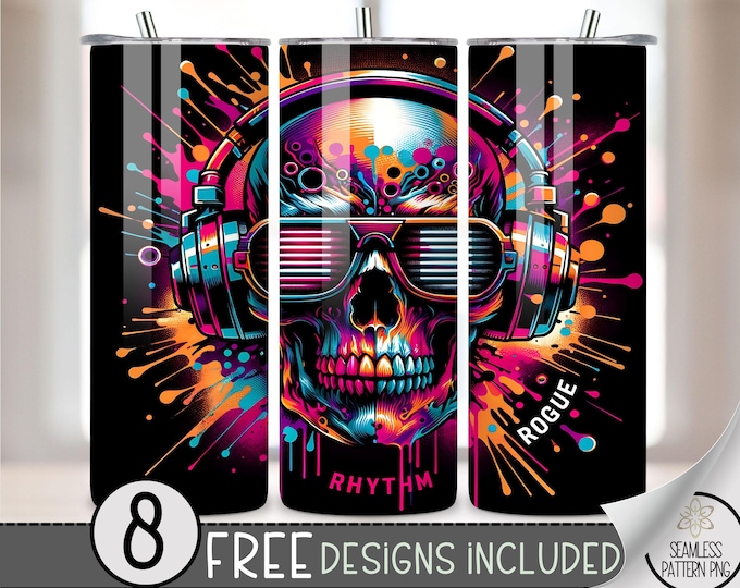 Neon Skeleton Tumbler Wrap, Skull Wearing Headphones 20Oz Skinny Tumbler Wrap, Digital Rhythm Rogue 20 OZ Tumbler Sublimation Design File