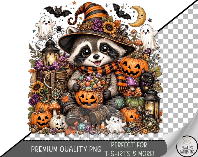 Halloween Raccoon Sublimation Design, Spooky Witch Clipart UV DTF Graphic, Digital Download, B10413