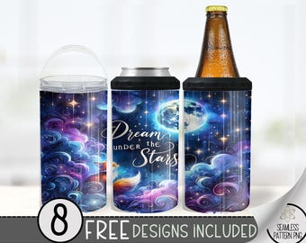 Dream Fox 4 In 1 Can Cooler Tumbler Wrap, Sun & Moon Sublimation Design, Stars 16 Oz Slim, Clouds 16 Oz Can Cooler Sublimation Design