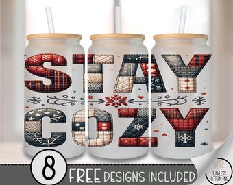 Cozy Season Glass Can Wrap PNG, Christmas Sublimation Design, Quilt Patchwork, Digital Download, A643