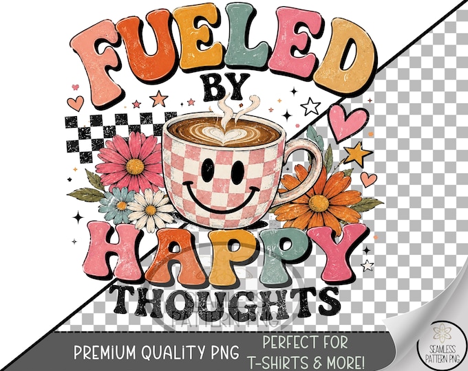 Retro Coffee Sublimation Design, Happy Thoughts UV DTF Graphic, Digital Download, B10482