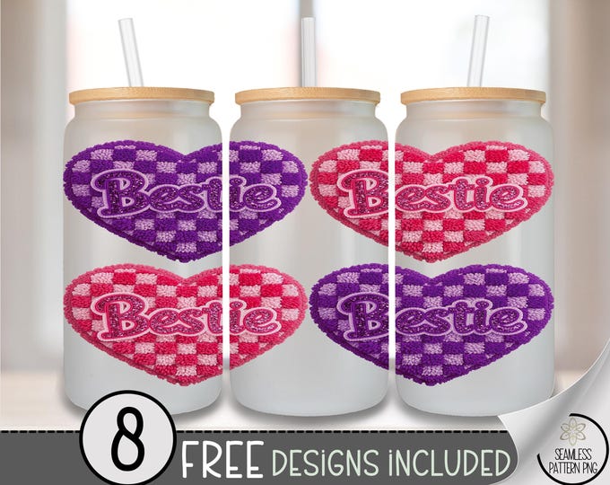 Chenille Bestie Glass Can Wrap, Cute Heart Design 16oz Glass Tumbler Sublimation Design, Digital Download, Girly Patch PNG File A753