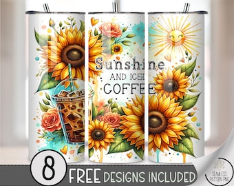 Sunflower Iced Coffee 20 oz Tumbler Wrap PNG, Sunshine Summer Skinny Tumbler Sublimation, Floral Coffee Cup PNG for 20oz Tumbler Wrap A271