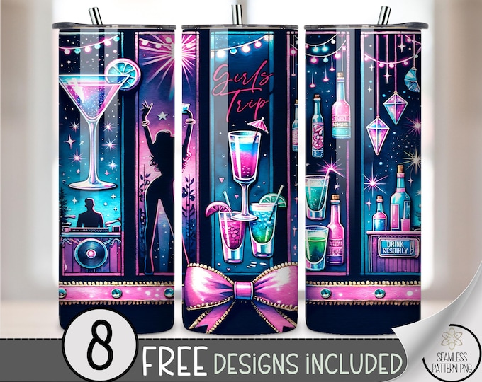 Neon Girls Trip 20 oz Tumbler Wrap, Neon Cocktail Party Design, Fun 20oz Skinny Tumbler Wrap, Printable Drinkware Wrap, A616