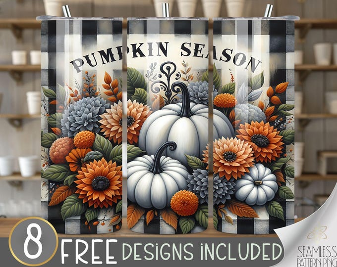 Pumpkin season tumbler wrap, flower tumbler design, pumpkin 20 oz tumbler wrap, autumn plaid tumbler PNG, trendy pumpkin tumbler file