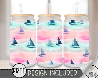 Watercolor Sailboat 16 oz Glass Can Wrap PNG, Beachy Nautical Sublimation Design, Ocean Summer Drink Wrap, Pastel Boat Glass Can PNG, A315