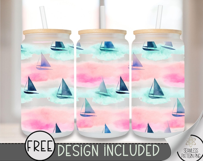 Watercolor Sailboat 16 oz Glass Can Wrap PNG, Beachy Nautical Sublimation Design, Ocean Summer Drink Wrap, Pastel Boat Glass Can PNG, A315