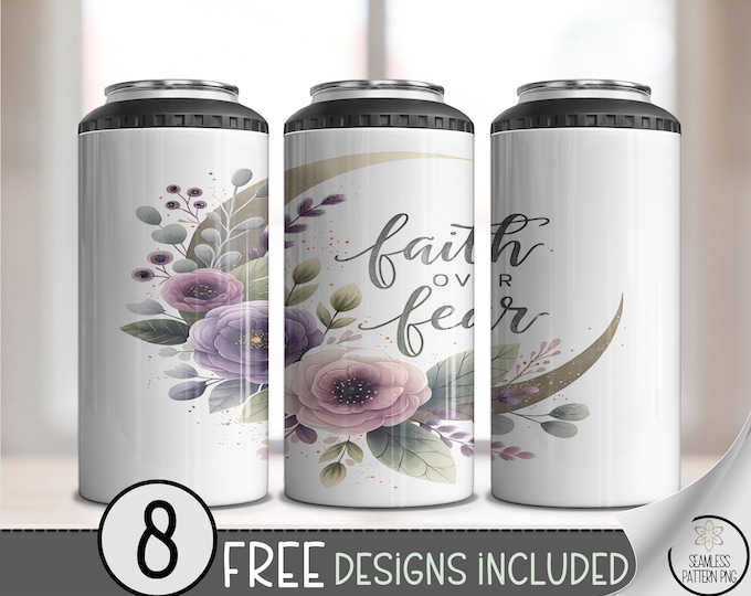Floral Faith Over Fear Can Cooler Wraps, Inspirational 4in1 Design, Purple and Green Botanical PNG, Printable Beverage Covers, A412