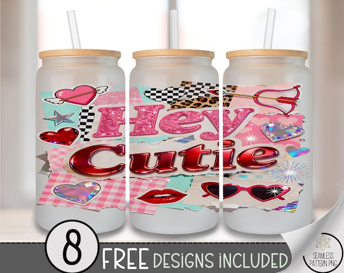 Valentine's Hey Cutie Glass Can Wrap, Playful 16oz Glass Tumbler Sublimation Design, Digital Download, Retro Y2K Girly PNG File A800