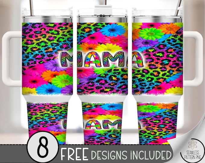 MAMA 40oz Tumbler Wrap, Funky Neon Rainbow Sublimation Design, Retro Pop Art PNG File, B10166