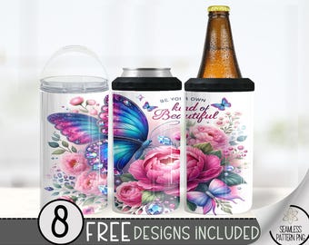 Butterfly Floral 4in1 Can Cooler Tumbler, Glittery Flower 4 in 1 Can Cooler Sublimation Design, Nature 4 in 1 Design Wrap, Inspirational PNG