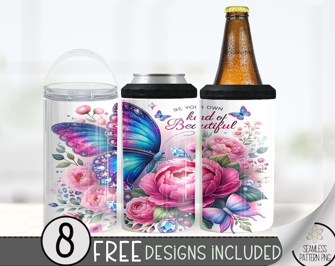 Butterfly Floral 4in1 Can Cooler Tumbler, Glittery Flower 4 in 1 Can Cooler Sublimation Design, Nature 4 in 1 Design Wrap, Inspirational PNG