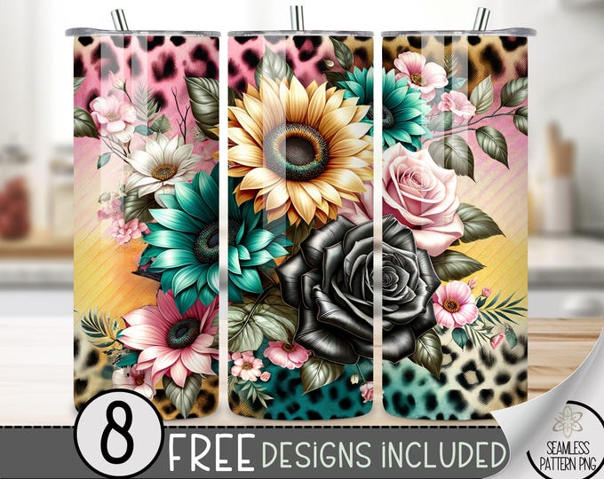 Leopard Rose Floral Tumbler Wrap, Vibrant Floral & Leopard 20oz Skinny Tumbler Wrap, Seamless Sunflowers Teal Bold Leopard Design Boho Chic