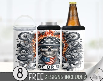 Motorcycle Can Cooler Wrap, Flaming Skull 16 oz 4-in-1 Cooler Sublimation, Biker Design File, Ride Or Die Can Cooler PNG Wrap, Skeleton A177