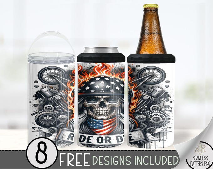Motorcycle Can Cooler Wrap, Flaming Skull 16 oz 4-in-1 Cooler Sublimation, Biker Design File, Ride Or Die Can Cooler PNG Wrap, Skeleton A177