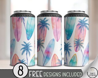 Surfboard Palm Tree Can Cooler Wrap PNG, 16 oz 4-in-1 Summer Beach Sublimation, Tropical Skinny Can Holder Wrap for Sublimation, A287