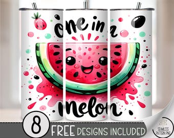 One in a Melon 20 oz Skinny Tumbler Wrap PNG, 20oz Kawaii Watermelon Slice with Happy Face, Cute Summer Sublimation Design File, A371