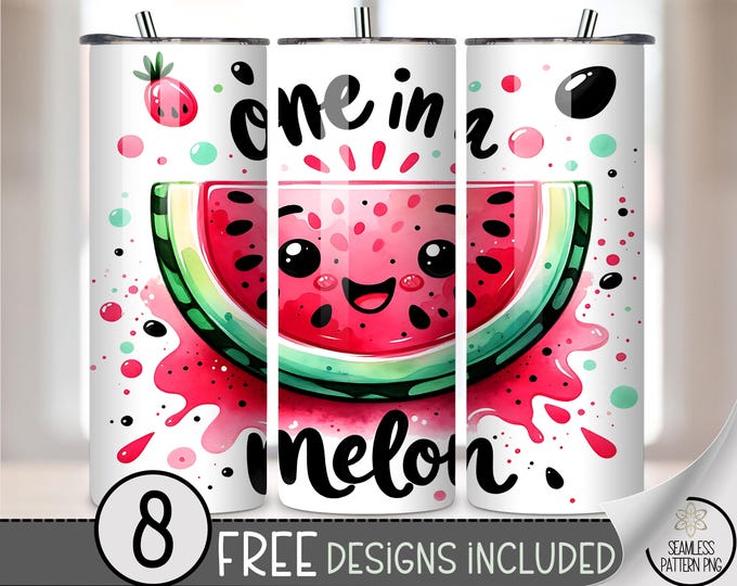 One in a Melon 20 oz Skinny Tumbler Wrap PNG, 20oz Kawaii Watermelon Slice with Happy Face, Cute Summer Sublimation Design File, A371