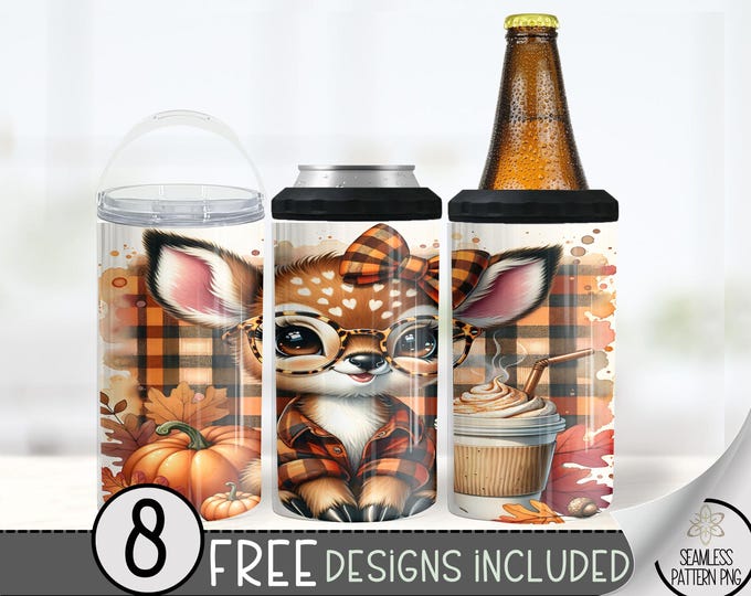 Cute Fall Deer Can Cooler Wrap, 16 oz 4-in-1 Cooler Sublimation, Plaid Autumn Design, Coffee Cup Holder,Pumpkin Can Cooler Wrap,Coquette Bow