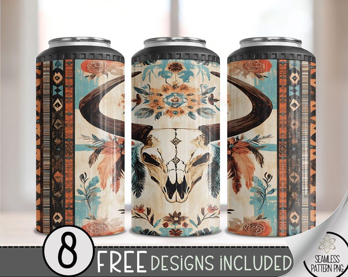 Boho Cow Skull 4 in 1 Can Cooler Wrap, Western Dreamcatcher 4in1 Tumbler PNG, Southwestern Bull Skeleton 16 Oz Can Cooler Sublimation Design