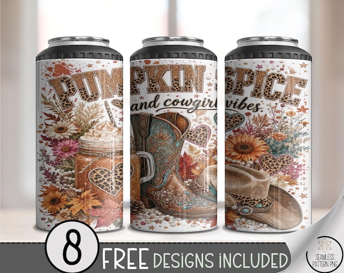 Autumn Cowgirl 4-in-1 Can Cooler Wrap, Pumpkin Spice Sublimation Design, Digital Download, B10448