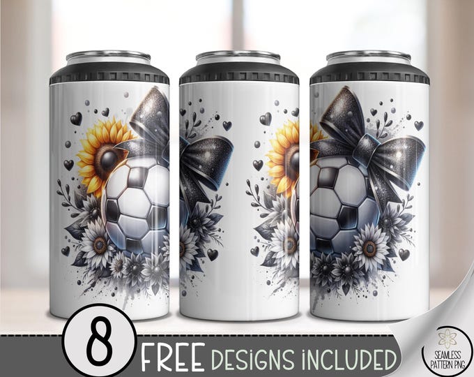 Soccer Tumbler Wrap 4-in-1, Rhinestone Bow & Flowers Sublimation PNG, Glam Soccer Mom Wrap Design, Sparkly Can Cooler PNG, A400