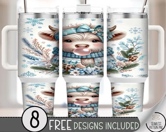 Winter Highland Cow 40 oz Tumbler Wrap, Cute Farmhouse Sublimation Design, Floral PNG Files, Coquette Bow 40oz Tumbler B852