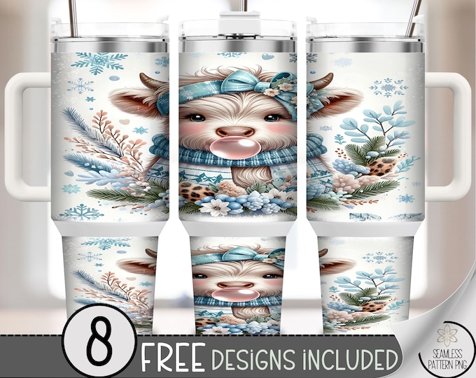 Winter Highland Cow 40 oz Tumbler Wrap, Cute Farmhouse Sublimation Design, Floral PNG Files, Coquette Bow 40oz Tumbler B852