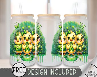 Green Squad Duck 16oz Glass Can Wrap PNG, Cute Yellow Ducklings with Green Awareness Ribbon, Glass Can Sublimation Design, A379