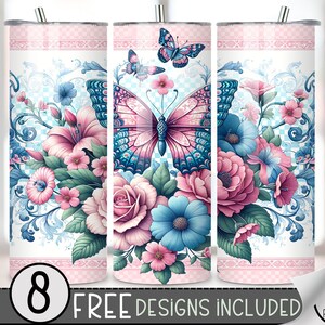 Blue Butterfly Tumbler Wrap, Geometric Skinny 20Oz Tumbler Wrap, Floral Skinny Tumbler Wrap, Pink 20 Oz Skinny Tumbler Sublimation Design