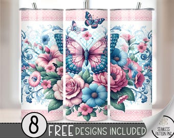 Butterfly Floral 20oz Skinny Tumbler Wrap, Sublimation Design (Digital Download)
