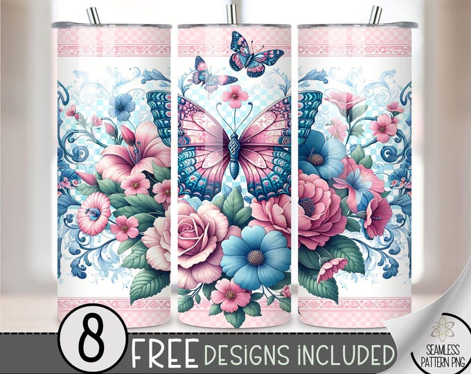 Blue Butterfly Tumbler Wrap, Geometric Skinny 20Oz Tumbler Wrap, Floral Skinny Tumbler Wrap, Pink 20 Oz Skinny Tumbler Sublimation Design