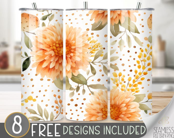 Autumn Floral Tumbler Wrap, Fall Dahlia Seamless Design, Autumn Flower Sublimation Tumbler Design PNG, Chrysanthemum 20 OZ Skinny Wrap PNG