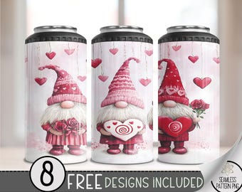 Cute Gnome Vday 4 in 1 Can Cooler Wrap, Valentines Day 4in1 Tumbler PNG, Flower Heart Gnomes 16 Oz Can Cooler Sublimation Design, Love PNG