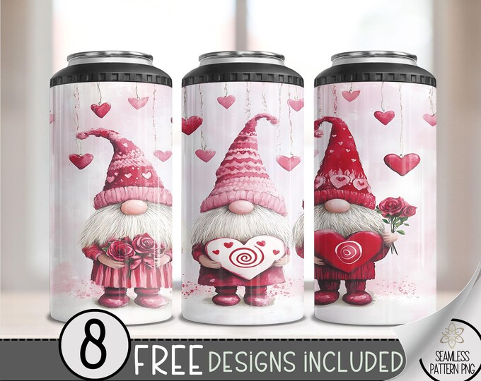 Cute Gnome Vday 4 in 1 Can Cooler Wrap, Valentines Day 4in1 Tumbler PNG, Flower Heart Gnomes 16 Oz Can Cooler Sublimation Design, Love PNG