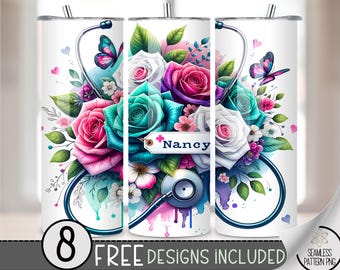 Nurse 20 oz Tumbler Wrap, Registered Nurse 20oz Skinny Tumbler PNG, Personalized Sublimation Design, Healthcare Worker Floral PNG, A131