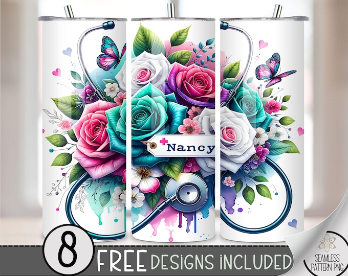 Nurse 20 oz Tumbler Wrap, Registered Nurse 20oz Skinny Tumbler PNG, Personalized Sublimation Design, Healthcare Worker Floral PNG, A131
