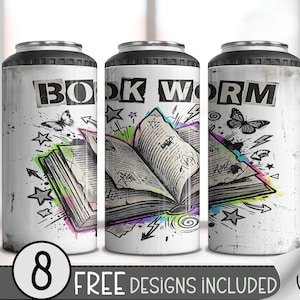 Puede incluir: Tres vasos blancos con un diseño desgastado. Presentan las palabras "BOOK WORM" y una ilustración de un libro abierto con acentos coloridos, mariposas y estrellas. La parte inferior de la imagen dice "8 FREE DESIGNS INCLUDED".