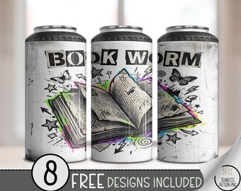 Bookworm PNG, Cozy 4-in-1 Can Cooler Wrap Sublimation Design, Digital Download, B934