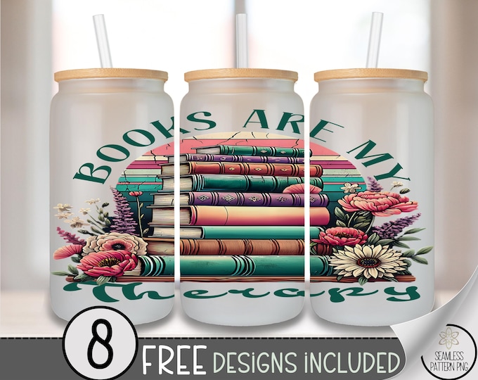 Books Are My Therapy Glass Can Wrap, Cottagecore 16oz Glass Tumbler Sublimation Design, Floral Reading PNG File, B995