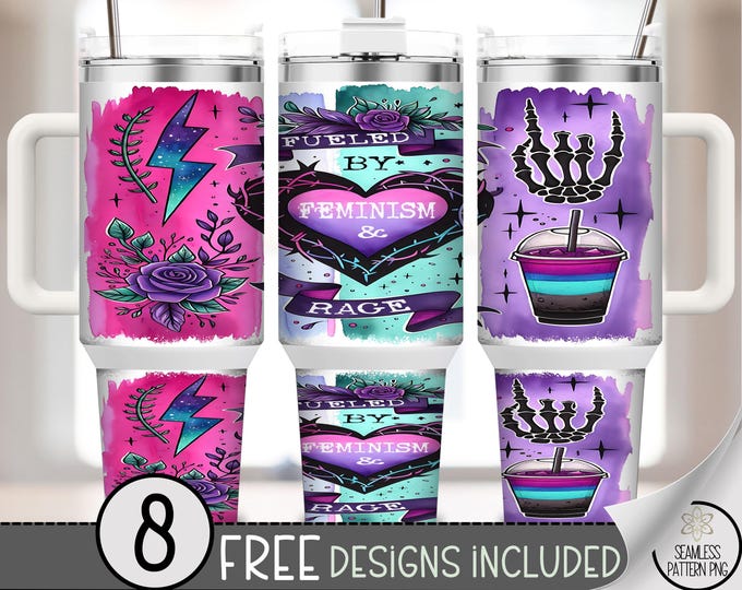 Fueled by Feminism and Rage 40 oz Tumbler Wrap PNG, Grunge Neon Skeleton Hand Watercolor Sublimation Design, A353