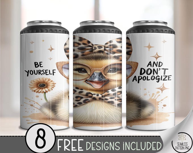 Be Yourself Duck with Oversized Glasses - Modern Boho Watercolor 4in1 Can Cooler Wrap, Sassy Ducky Quote, Printable File, Digital PNG A485