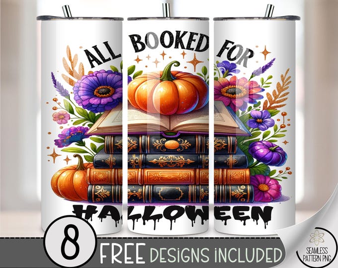 All Booked for Halloween 20 oz Tumbler Wrap PNG, Fall Floral Pumpkin Bookstack Sublimation Design, Spooky Cozy Wrap, A365