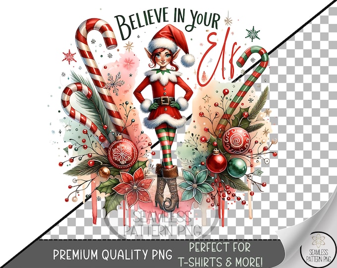 Festive Sublimation Design, Christmas Elf UV DTF Graphic, Cute Digital Clip Art, Holiday Candy Cane and Holly Decor, Printable A532
